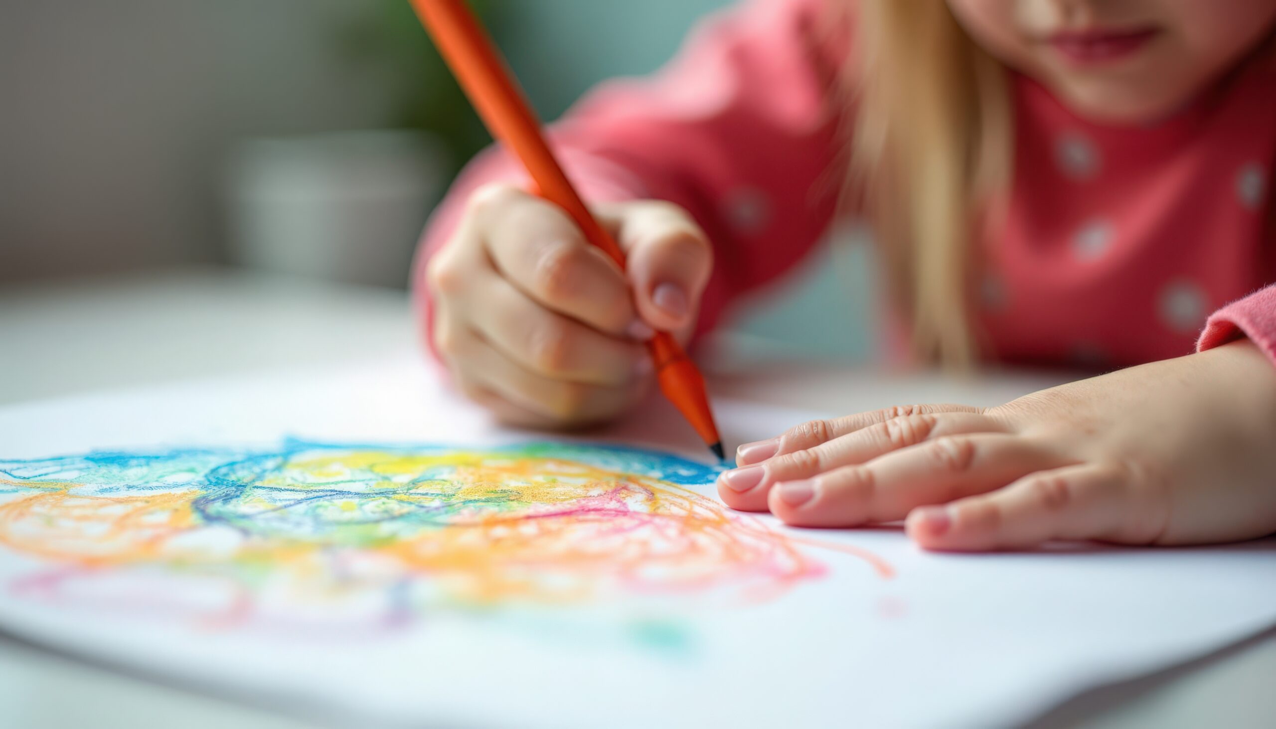 Child drawing with colored pencils and crayons on white paper, closeup of girl's hands making playful scribbles and textured strokes, soft shallow depth of field showing motion,